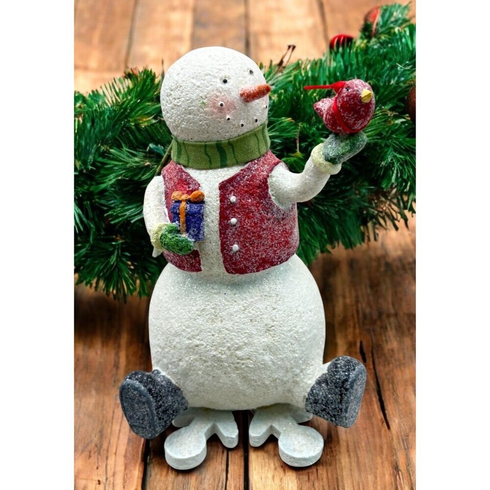 Vintage Whimsical Snowman Christmas Figurine Holding Cardinal Bird & Gift